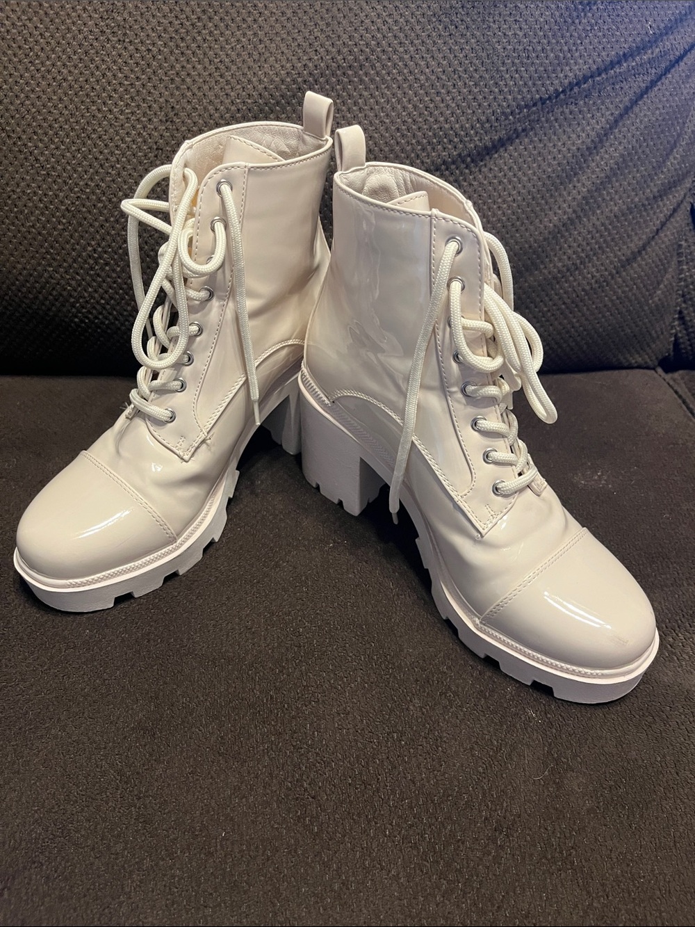 Glossy White Lace-Up Platform Ankle Boots
